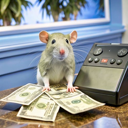 a rat with a bill in his hand is standing in front of cash counter